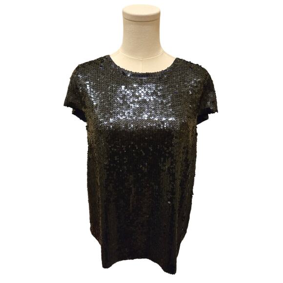 Theory 100% Silk Sequin Cap Sleeve Top Blue Keyhole Closure Large - Picture 1 of 10